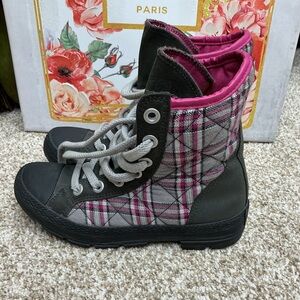 Converse Pink and Gray Plaid High-Top Boots